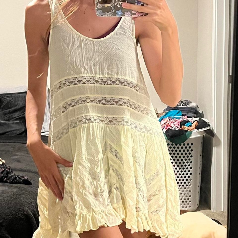 ✨Free People Intimately | Lemon Yellow Voile and Lace Trapeze Slip Dress - Picture 4 of 16